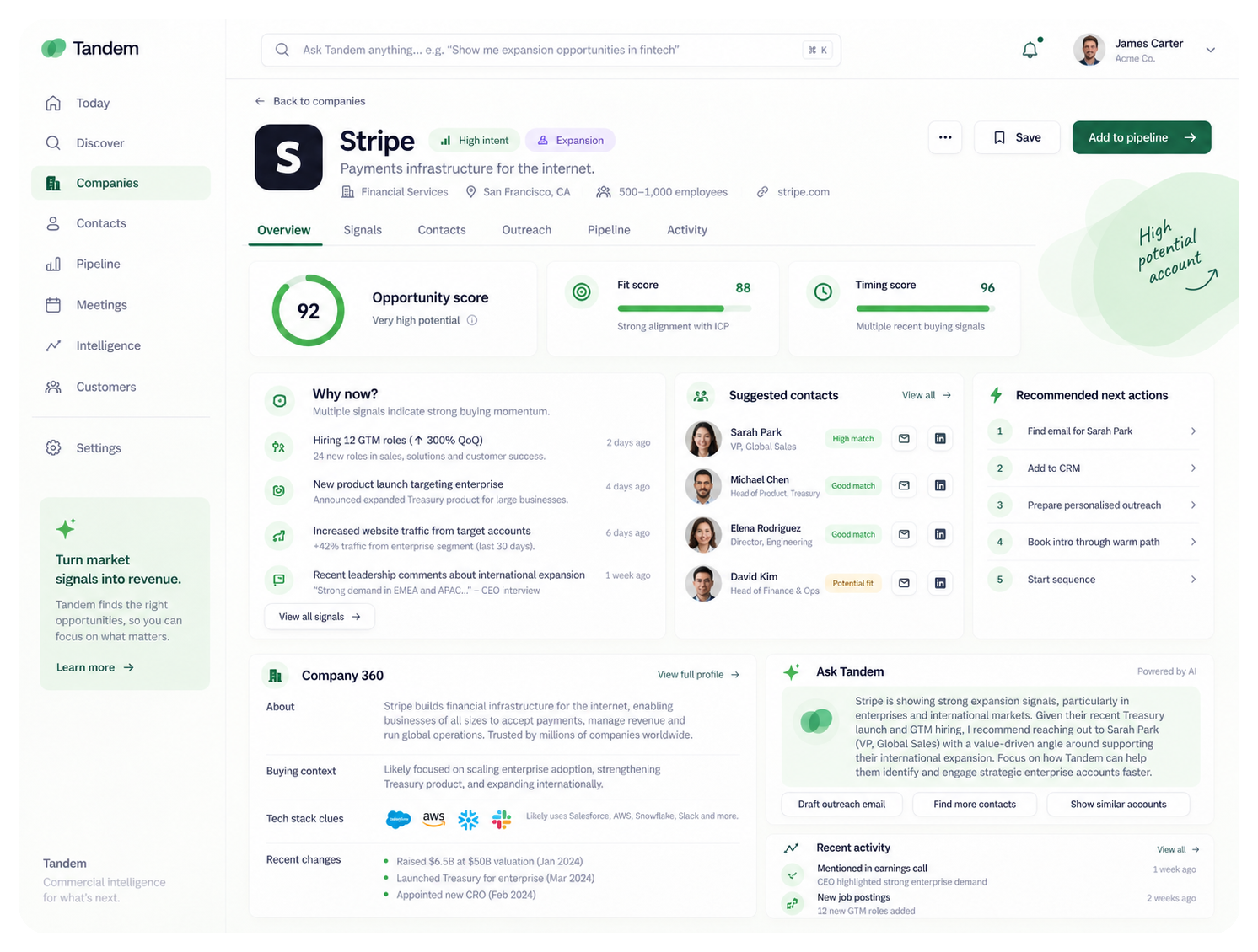 Tandem company intelligence interface