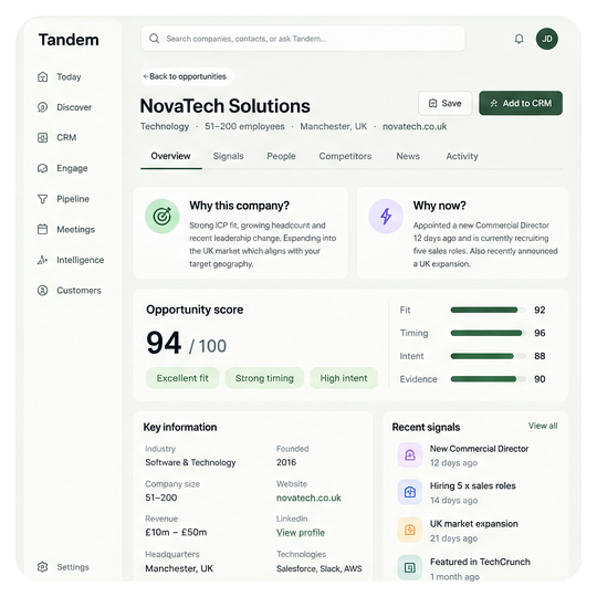 Tandem product preview for company research and commercial next actions